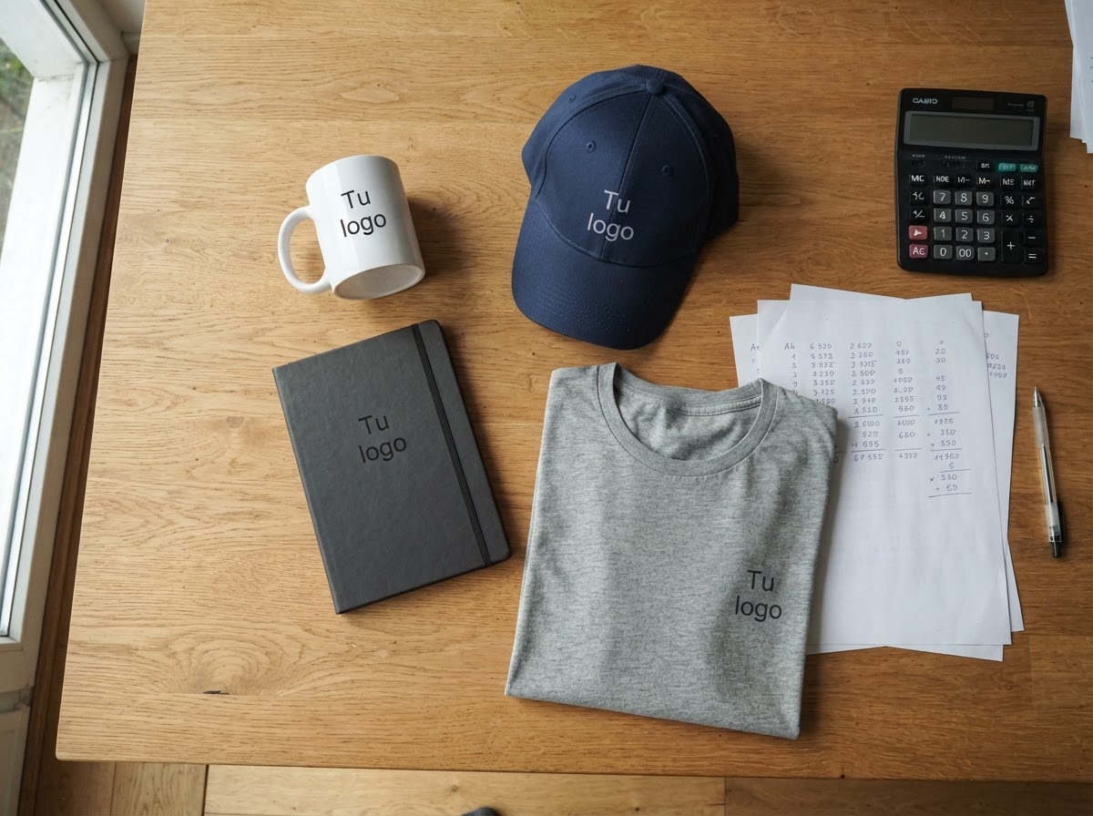 Muestras de productos promocionales personalizados sobre un escritorio de oficina en México