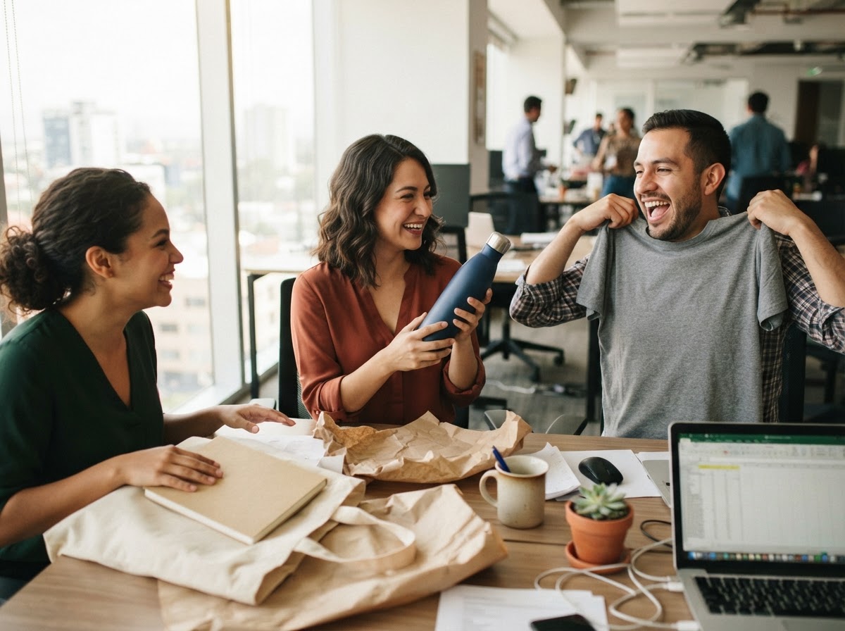 Empleados de una empresa mexicana usando artículos promocionales personalizados en su oficina