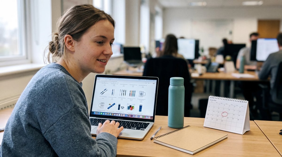 Persona sonriendo mientras revisa opciones de regalos corporativos personalizados en su laptop, en una oficina